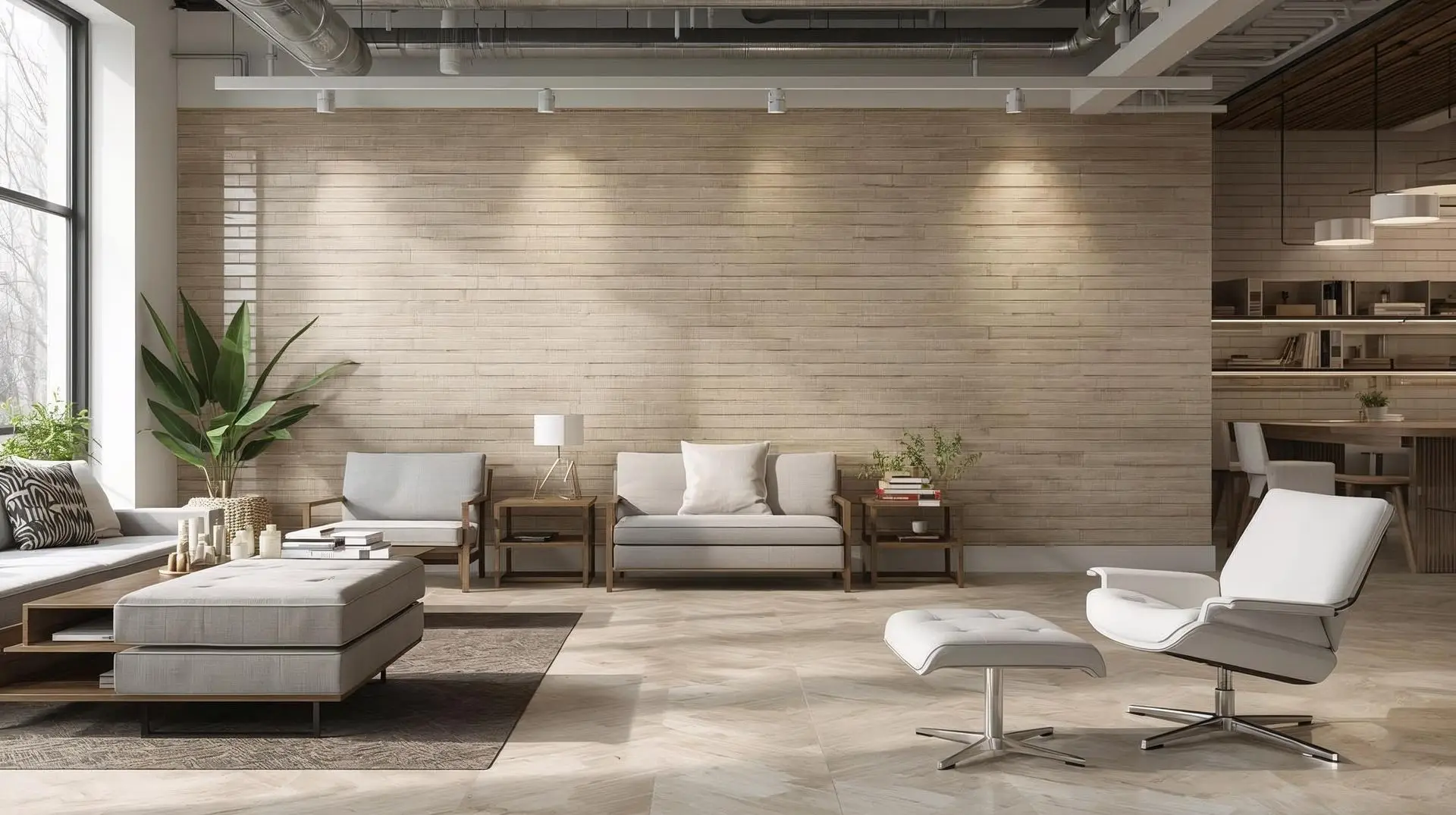 Modern living room with large-format matte tile flooring and beige textured wall tiles