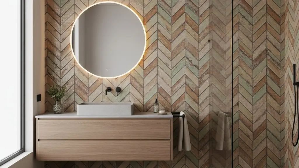 Modern bathroom with a wood vanity, a backlit mirror, and rustic, multicolored subway tiles in a herringbone pattern