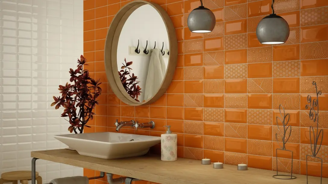 Bathroom with vibrant orange 3x6 subway tile backsplash, modern round mirror, vessel sink, and hanging pendant lights