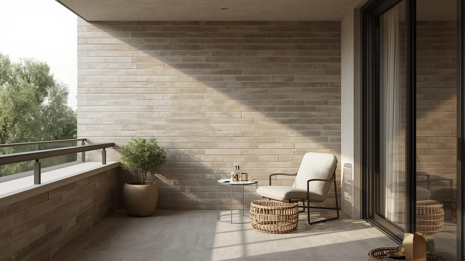 Modern outdoor balcony featuring natural stone subway tile walls, a cozy lounge chair, small side table, and potted plant in soft natural light