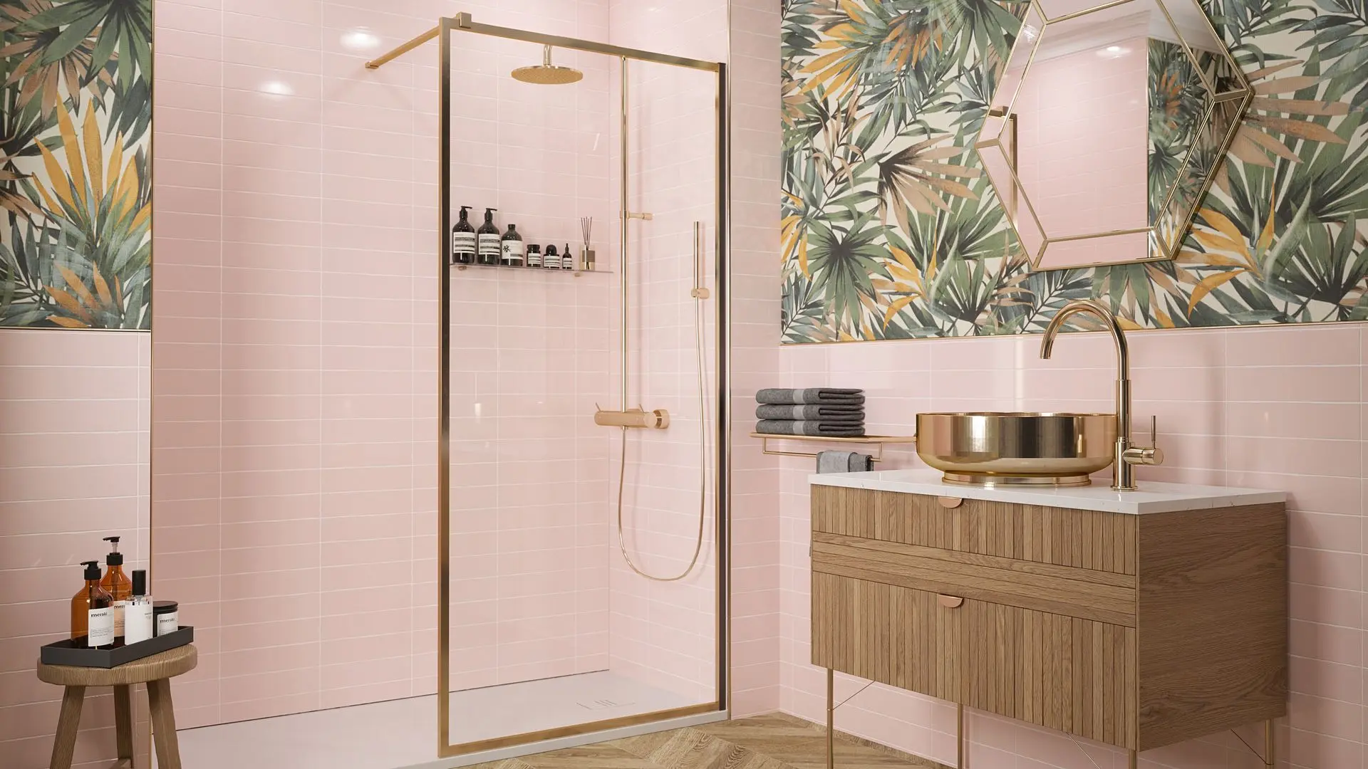 Pink bathroom subway tile reflecting a luxurious and spa-like atmosphere for aesthetic appeal