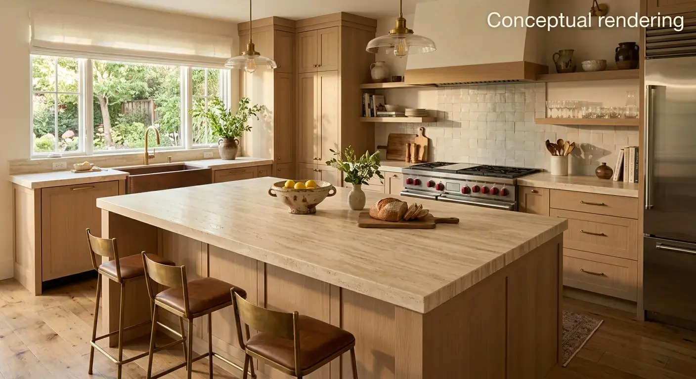 Conceptual rendering of travertine countertop in kitchen