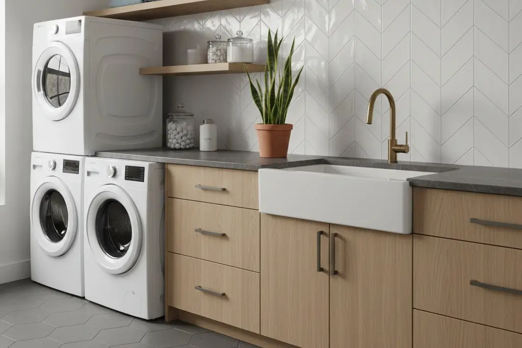 White subway tile in herringbone pattern behind modern washing machine in bright laundry room