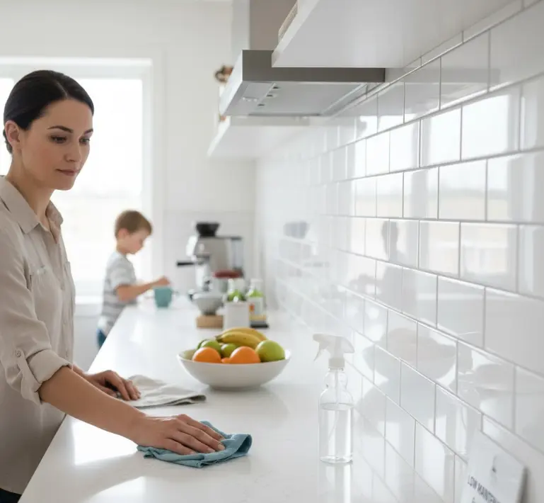 White glossy subway tile backsplash in modern kitchen