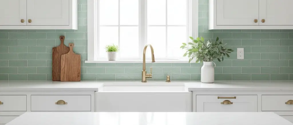 Bright farmhouse kitchen featuring a light mint green subway tile backsplash installed horizontally, a white farmhouse sink, and elegant brass faucet fixtures.