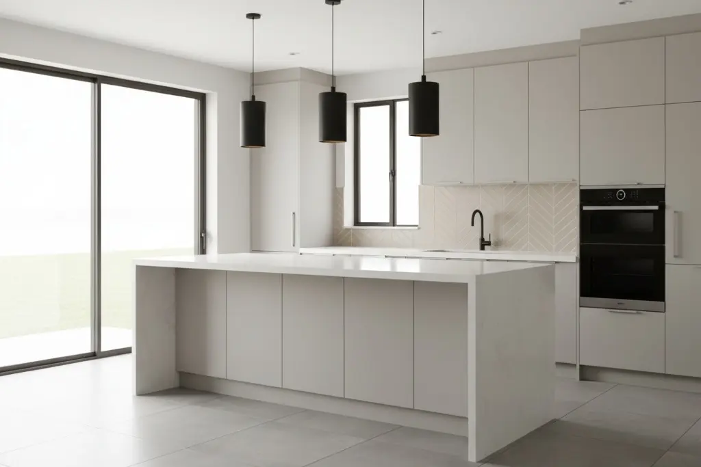 Contemporary chevron subway tile backsplash in neutral beige with matching grout and matte black faucet