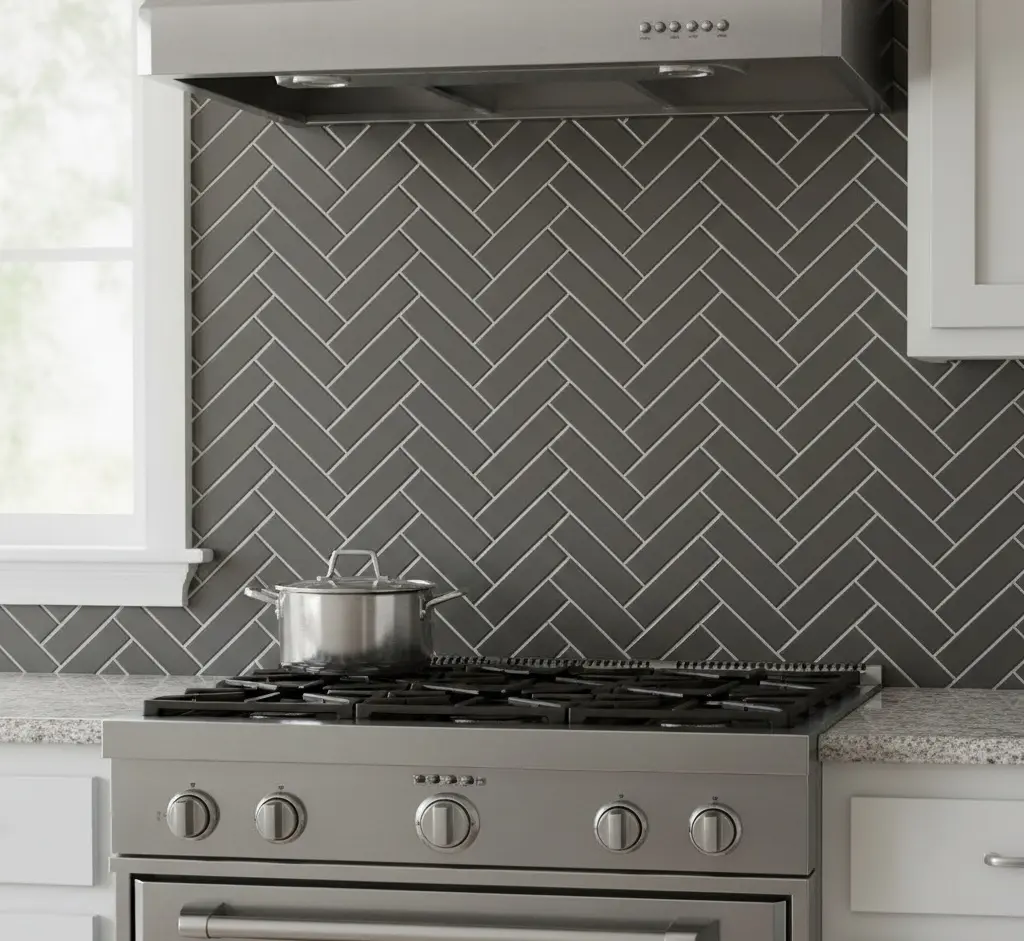 White glossy subway tiles with dark grout in vintage-style kitchen backsplash with chrome fixtures