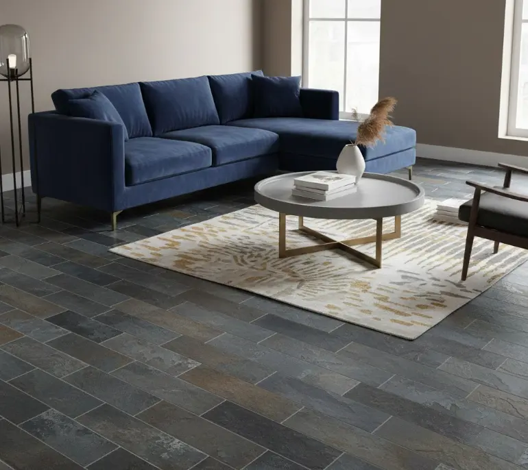Slate look subway tile pattern with rectangular tiles in varying gray and blue tones laid in a horizontal staggered layout.
