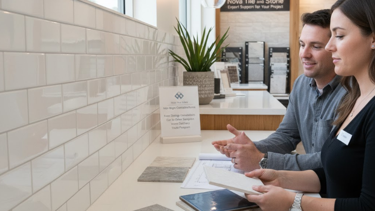 A man and woman sit at a counter in a tile and stone showroom, discussing design options.