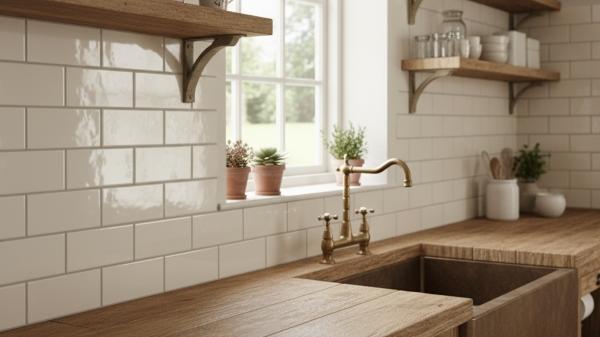 Cream subway tiles in running bond layout complementing reclaimed wood countertops in rustic kitchen