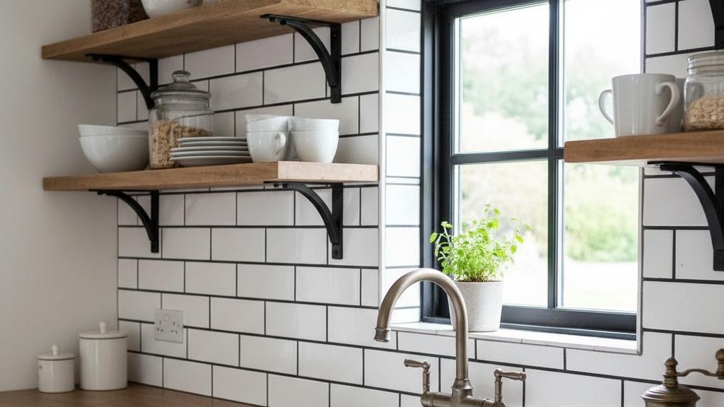 White subway tile backsplash with dark grout in farmhouse kitchen featuring wooden shelves and vintage fixtures
