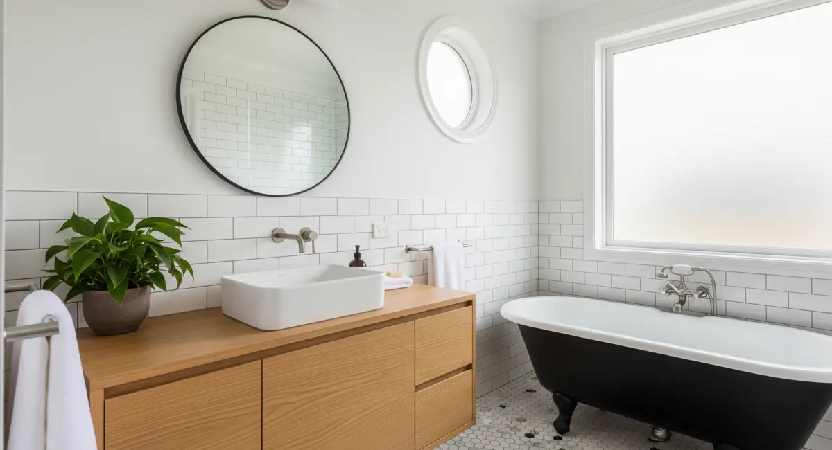 White subway tile bathroom with wood vanity and freestanding bathtub