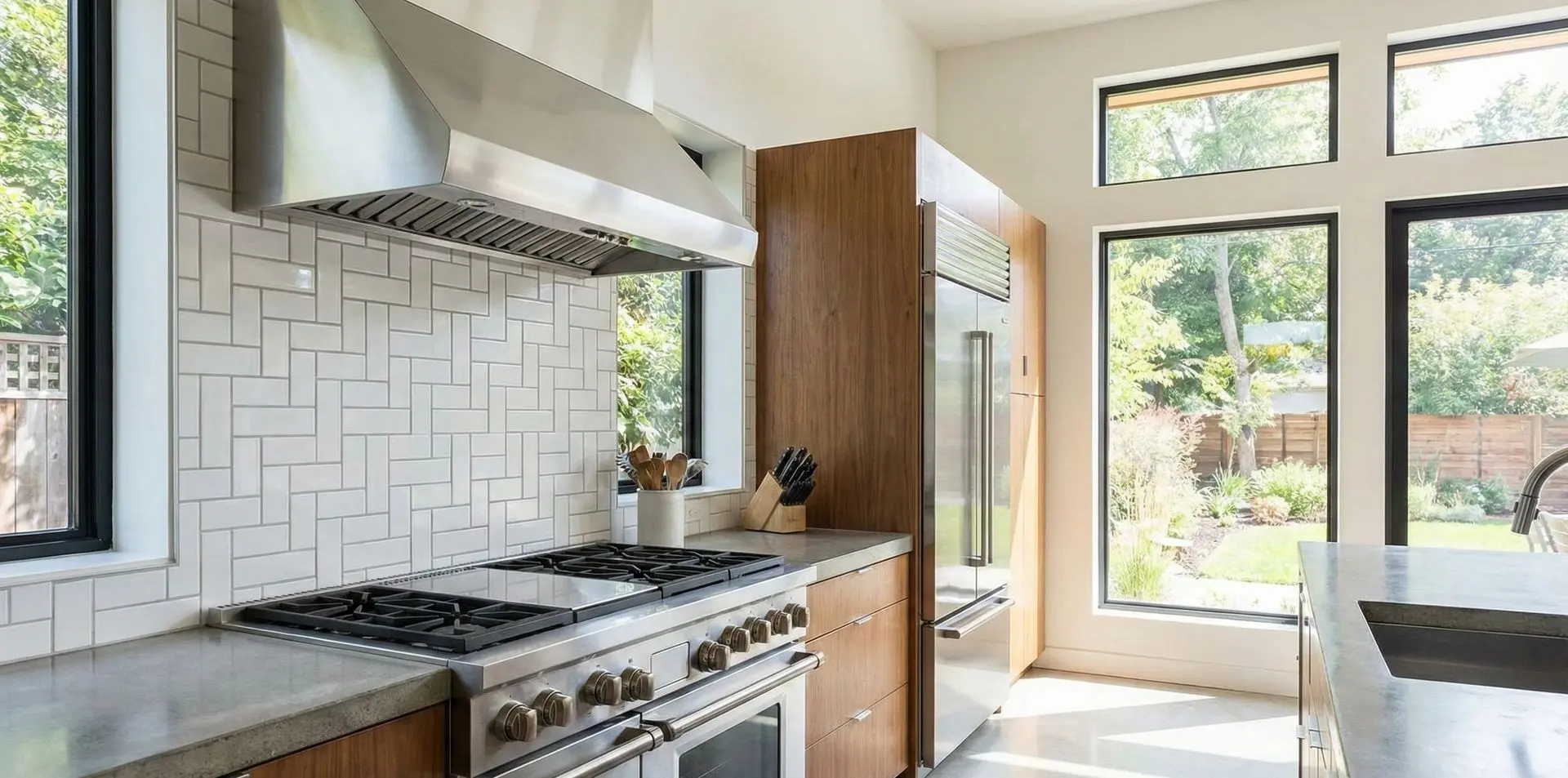 Kitchen with geometric white subway tile backsplash and wood cabinets