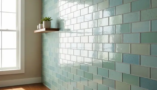 Glossy light blue subway tile wall