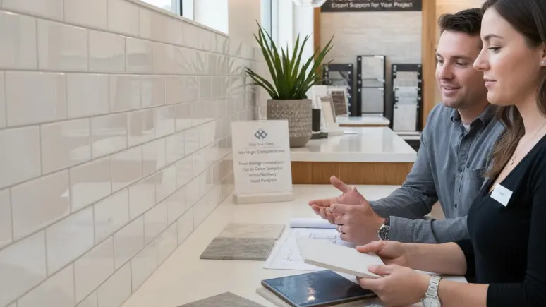 Tile showroom consultation with white subway tile display and material samples