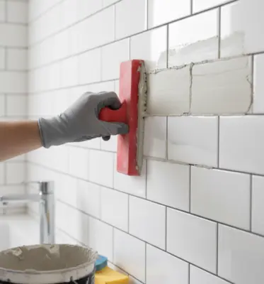 White subway tile bathroom wall with grout being applied between tiles