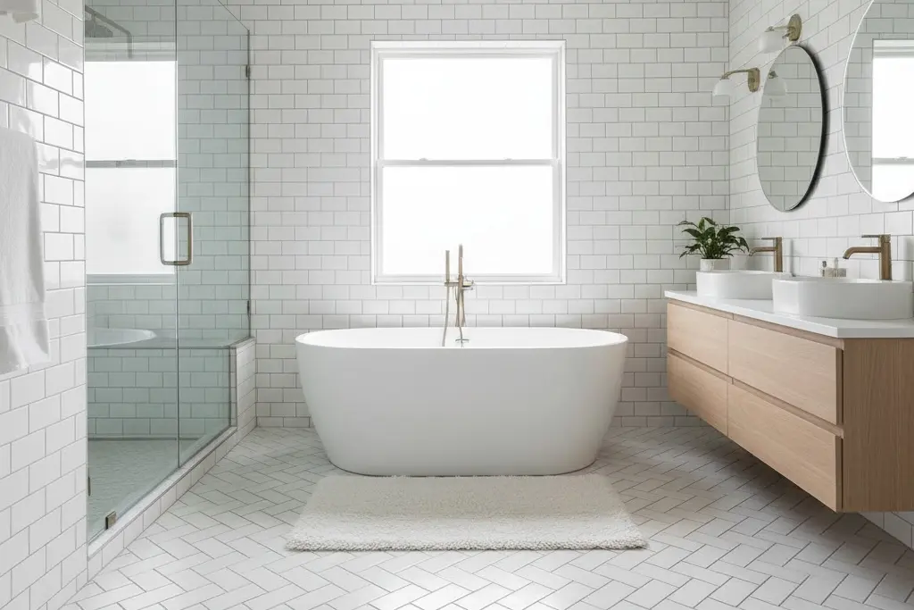 hite subway tile bathroom with freestanding bathtub, glass shower, and wood vanity