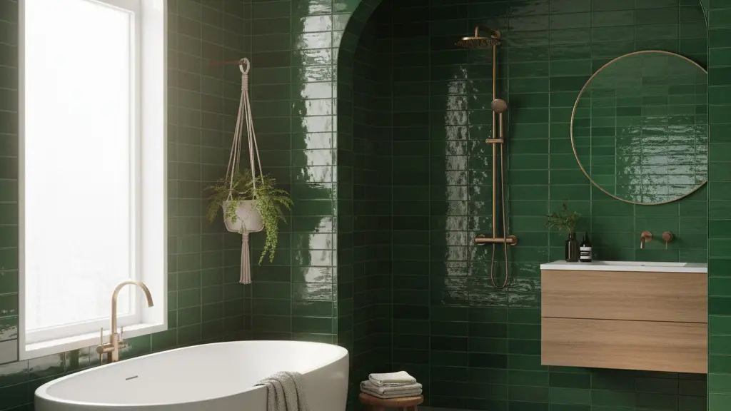 3x9 green subway tiles in bathroom