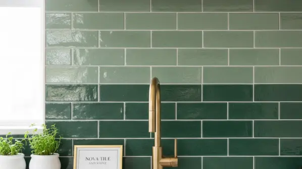 3x9 green subway tiles in kitchen