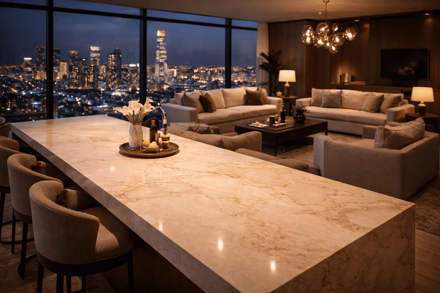 Cream natural stone countertop in an open living room and kitchen space