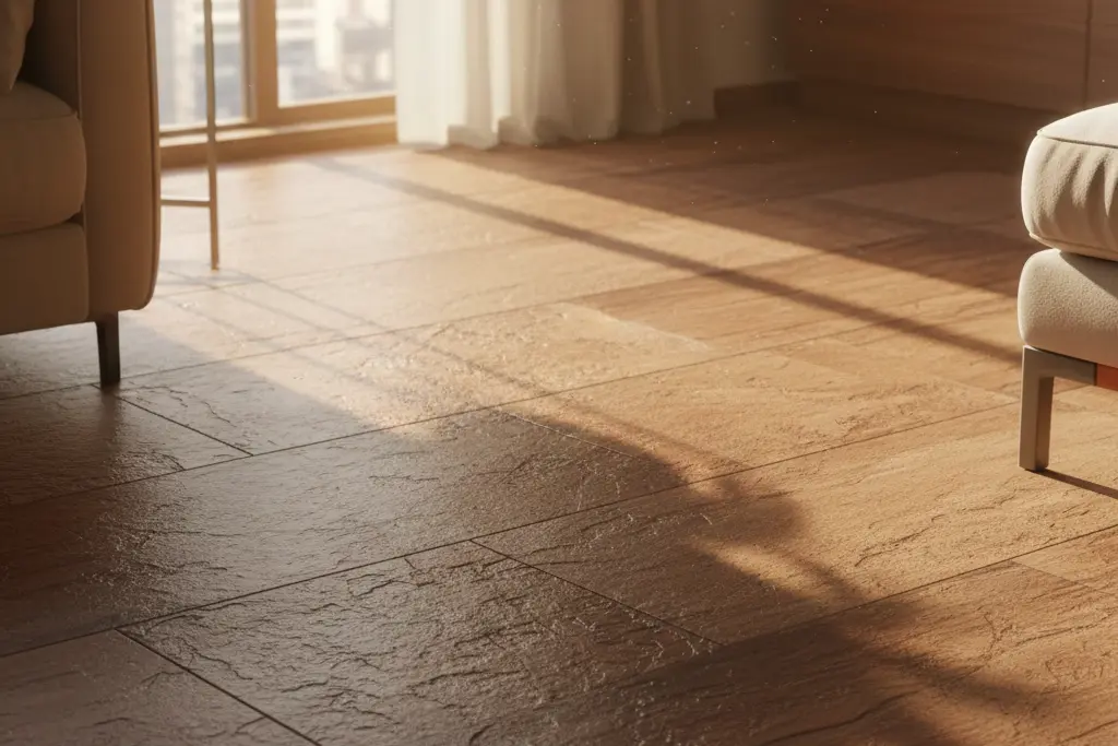 Modern living room with porcelain tile flooring.