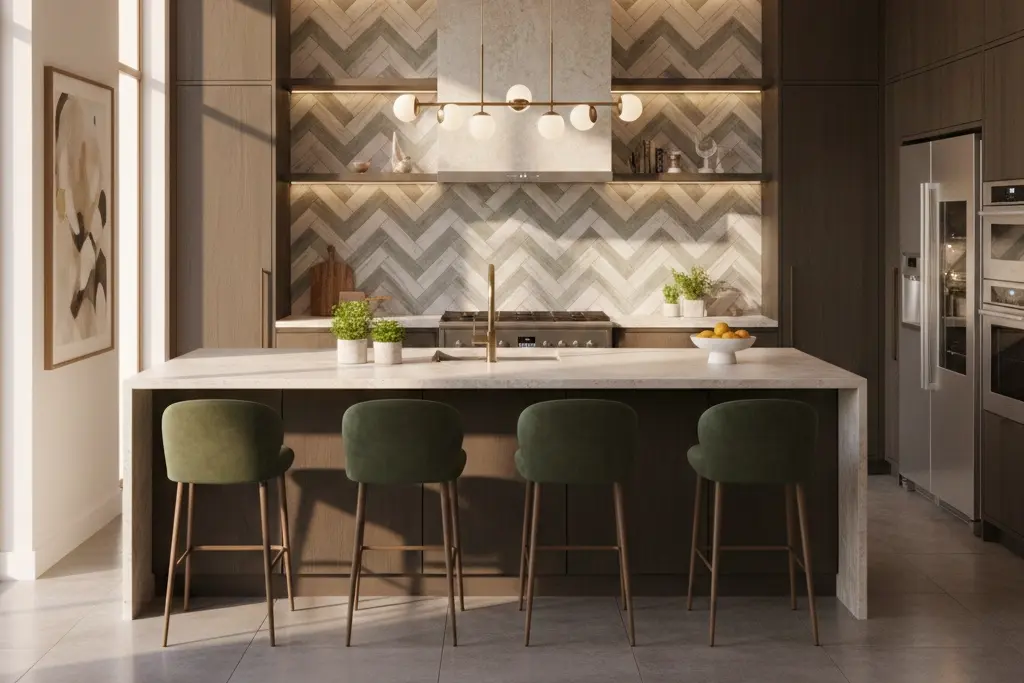 Wood-look porcelain tile in a modern luxury kitchen.