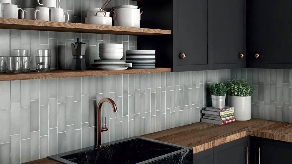 Perfection matte porcelain subway tile in a grey color combined with wood look countertops