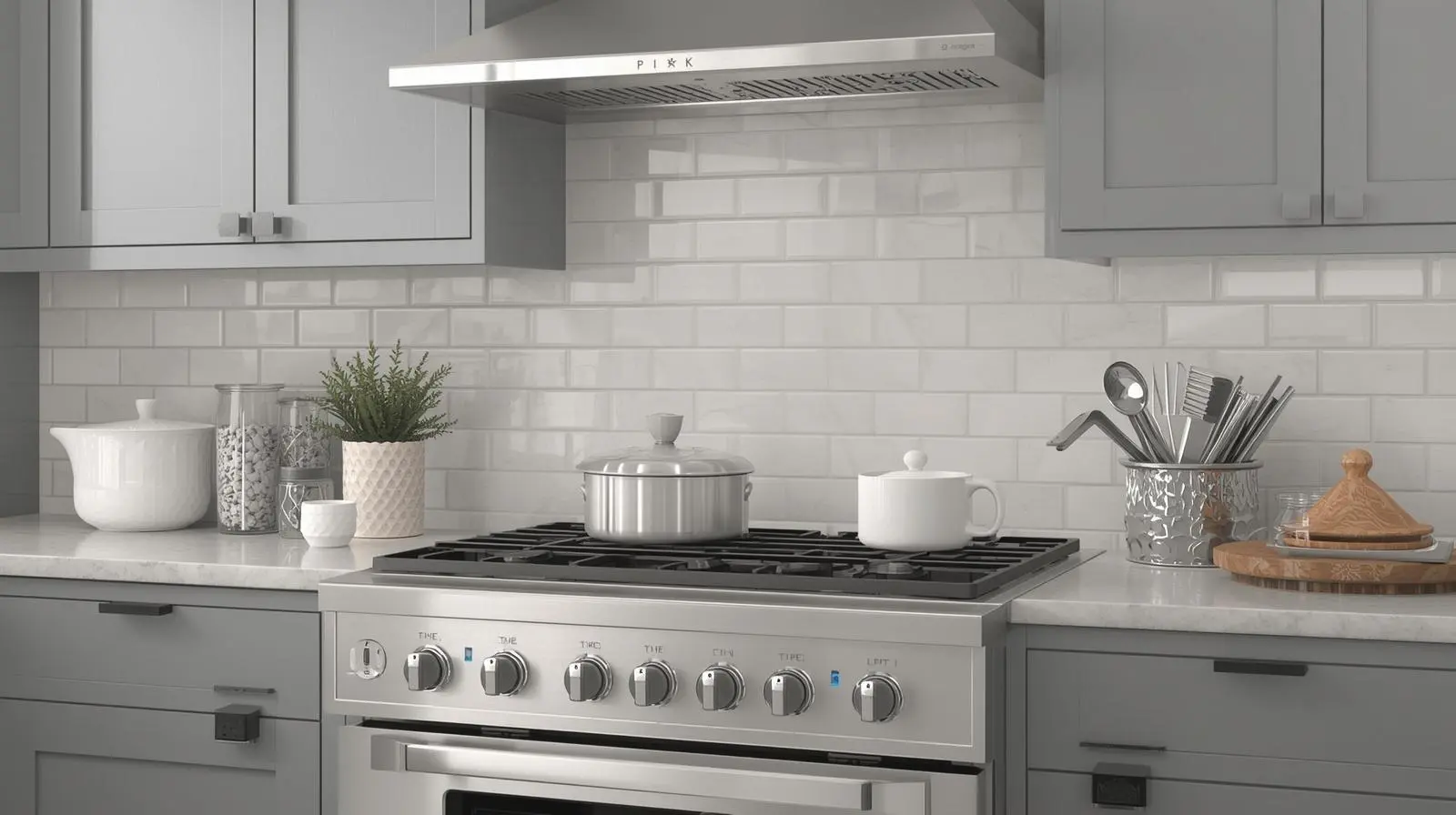 White glossy subway tile backsplash in a modern kitchen setting