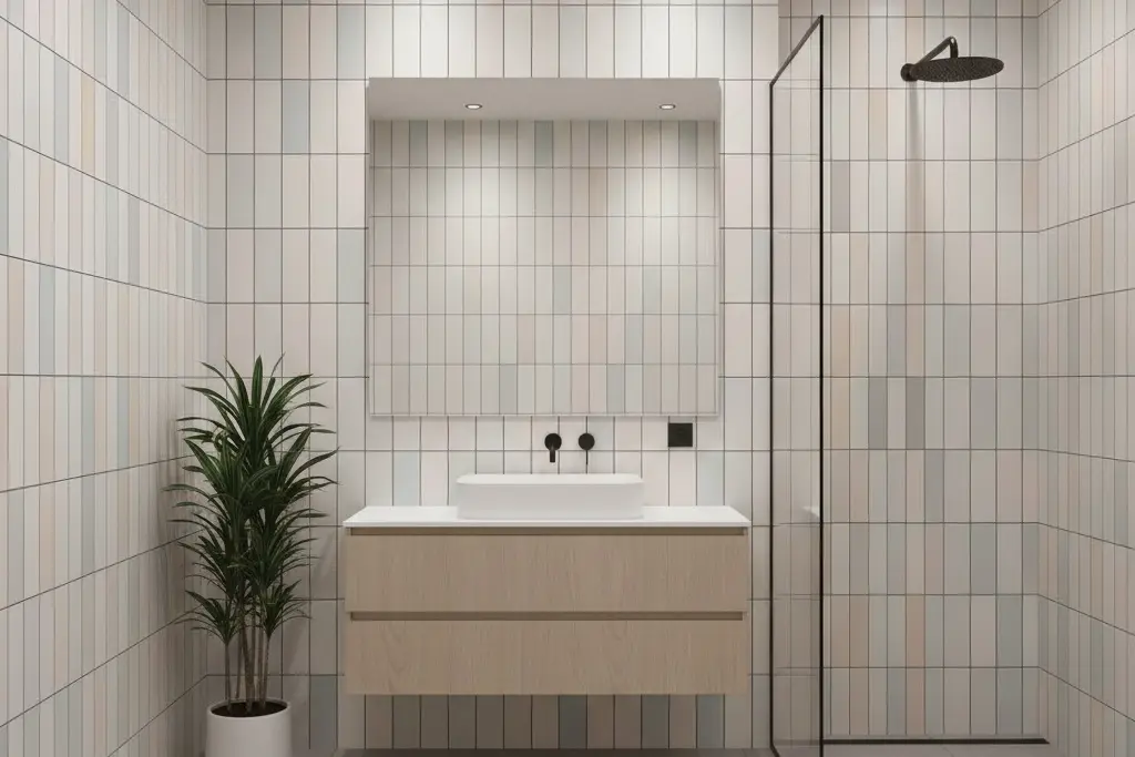 Vertical subway tile pattern in contemporary bathroom with floating vanity