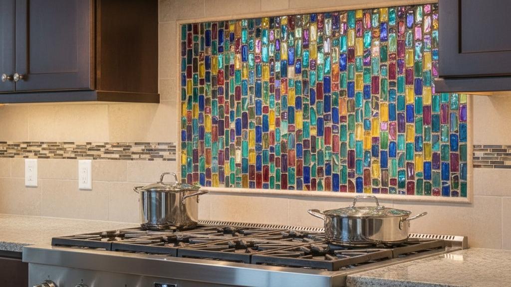 Colorful glass mosaic tile accent behind stainless steel range