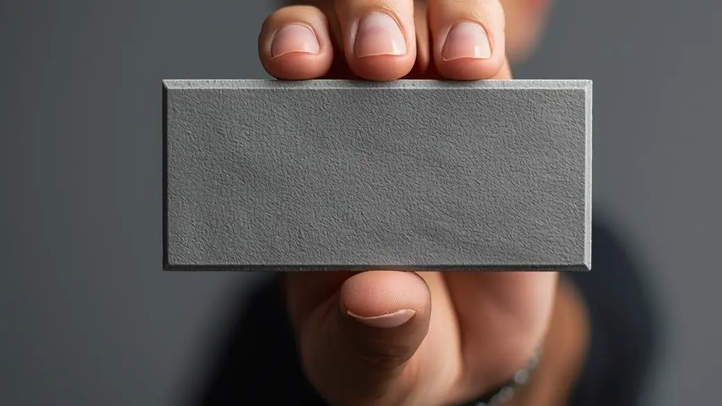 A person holds a single rectangular grey, textured tile towards the camera, suggesting premium materials for luxury applications.