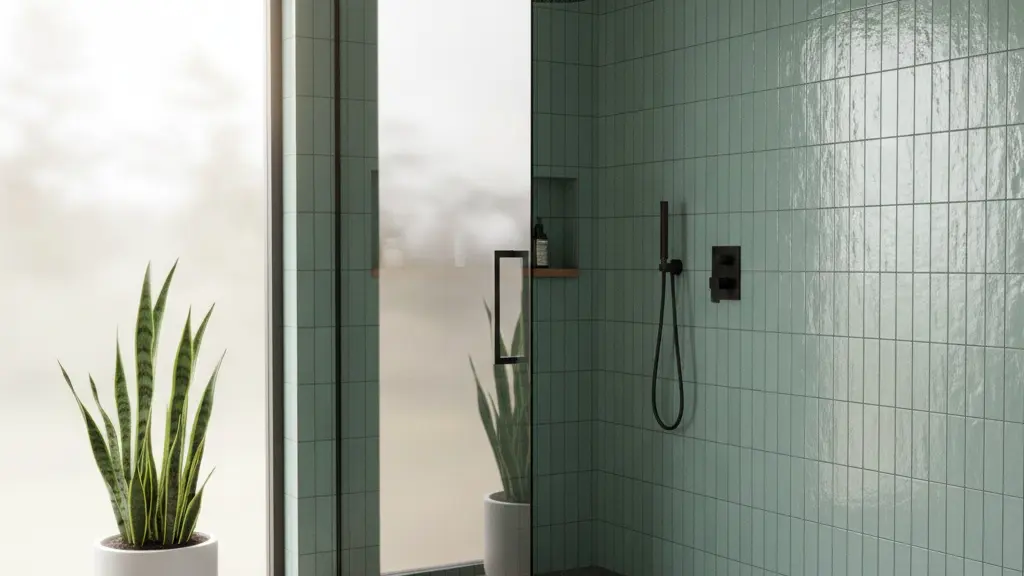 Glossy green shower tile wall with black fixtures and glass shower door
