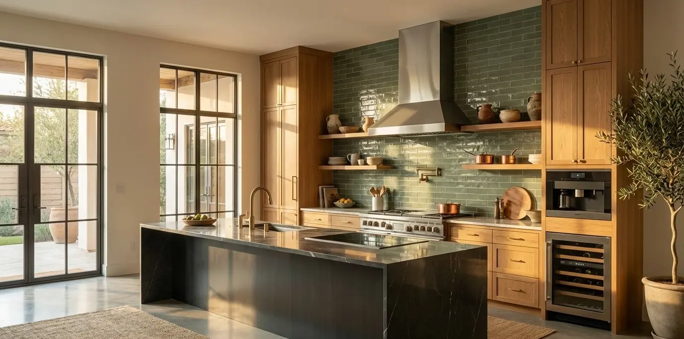 Green subway tile kitchen backsplash with wood cabinets and dark stone island