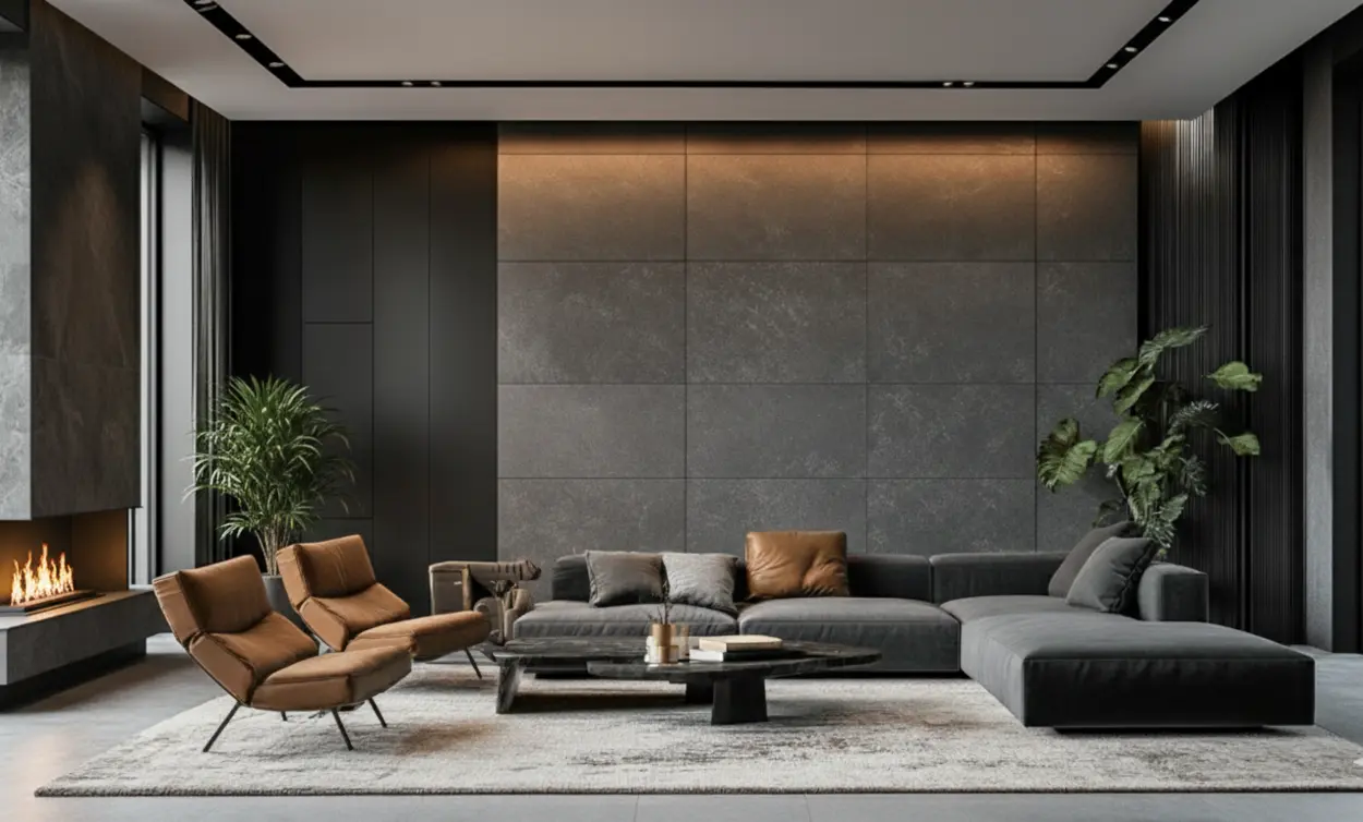 Dark large-format wall tile in a modern living room with sectional sofa and fireplace