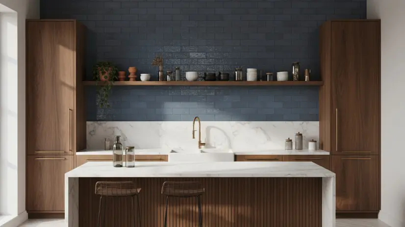 Modern kitchen with wood cabinets, marble island, and dark blue montera glossy subway tiles backsplash.
