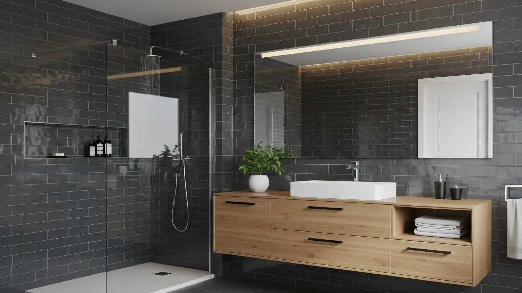 Bathroom with dark grey subway tile walls and a floating wood vanity.
