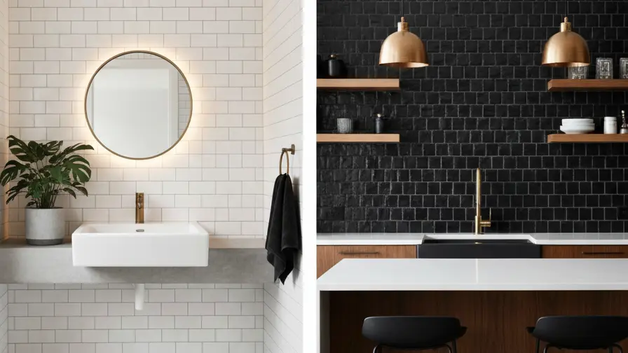 Beyond White and Black aesthetic tile collage showing a black and white geometric pattern bathroom wall tile beside a simple white subway tile kitchen backsplash.