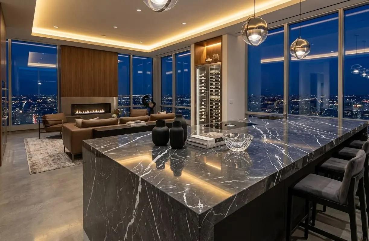Graphite marble penthouse kitchen island with city night views