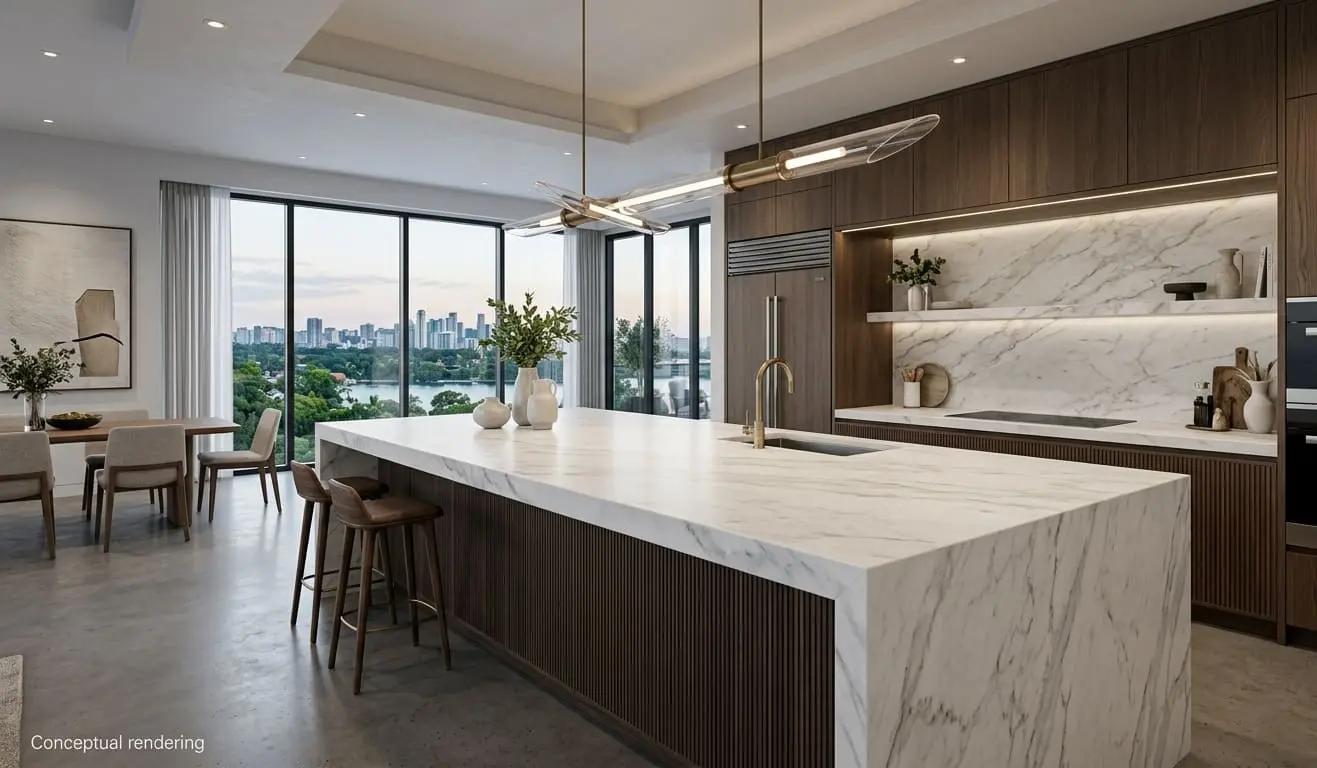Conceptual rendering of honed marble countertop defining a large central kitchen island