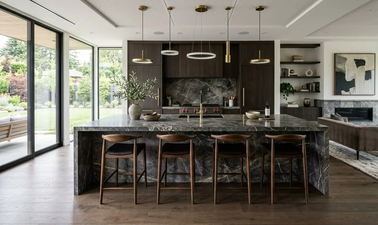 Graphite marble waterfall kitchen island with walnut bar stools and brass fixtures