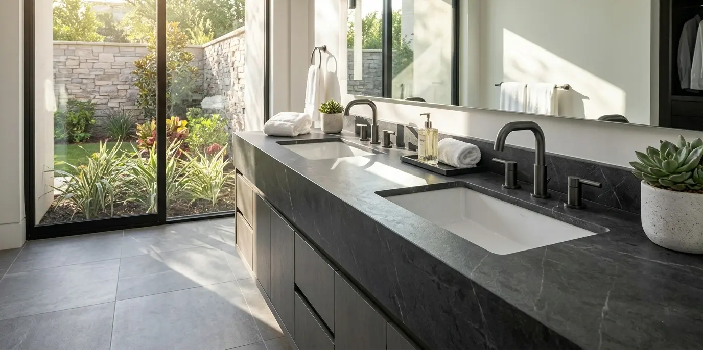 Graphite marble double vanity with matte black fixtures and garden views