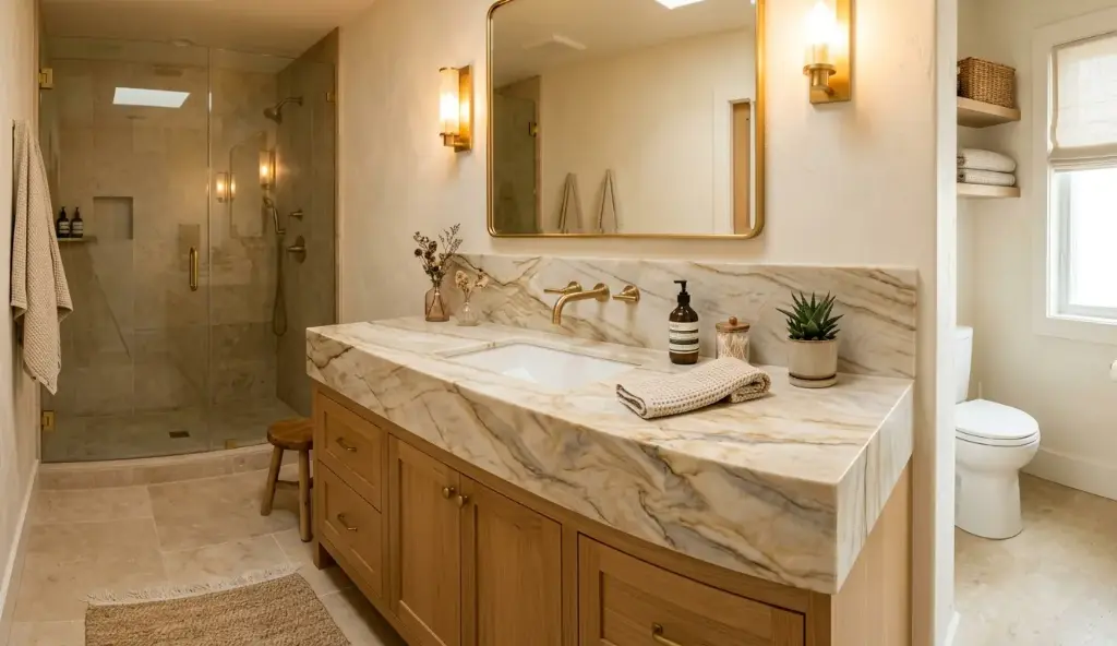 Conceptual rendering of a polished quartzite vanity top with natural veining in a modern bathroom