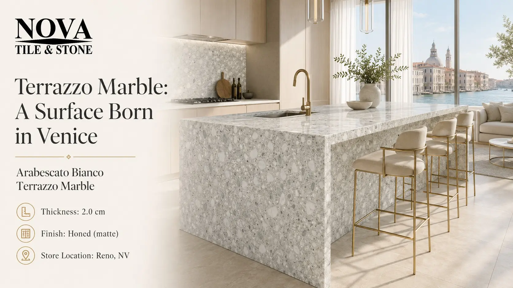 Conceptual rendering of Arabescato Bianco Terrazzo Marble waterfall island with honed finish in modern Venice-inspired kitchen 