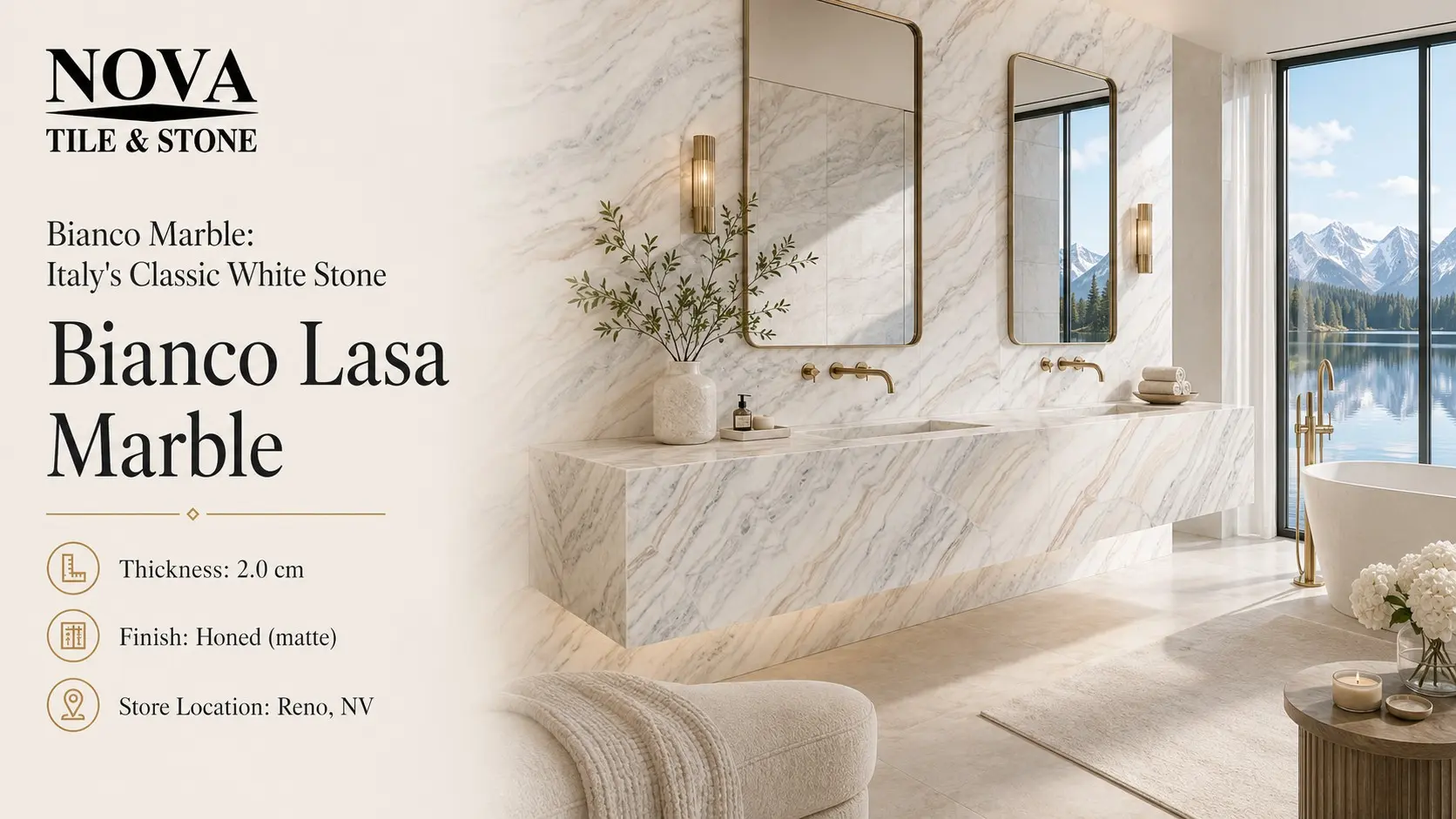 Serene spa bathroom with Italian Bianco Lasa Marble book-matched walls