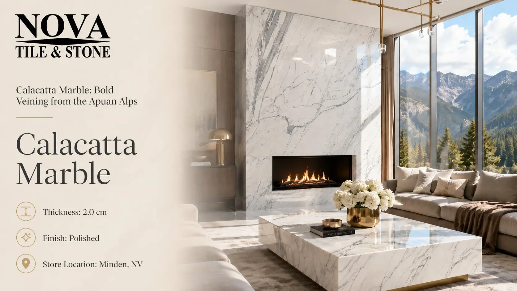 Calacatta Marble polished fireplace feature wall and coffee table in luxury alpine living room with mountain views