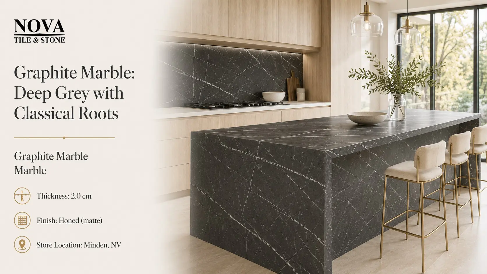Graphite Marble honed island and backsplash with dramatic white veining in contemporary kitchen