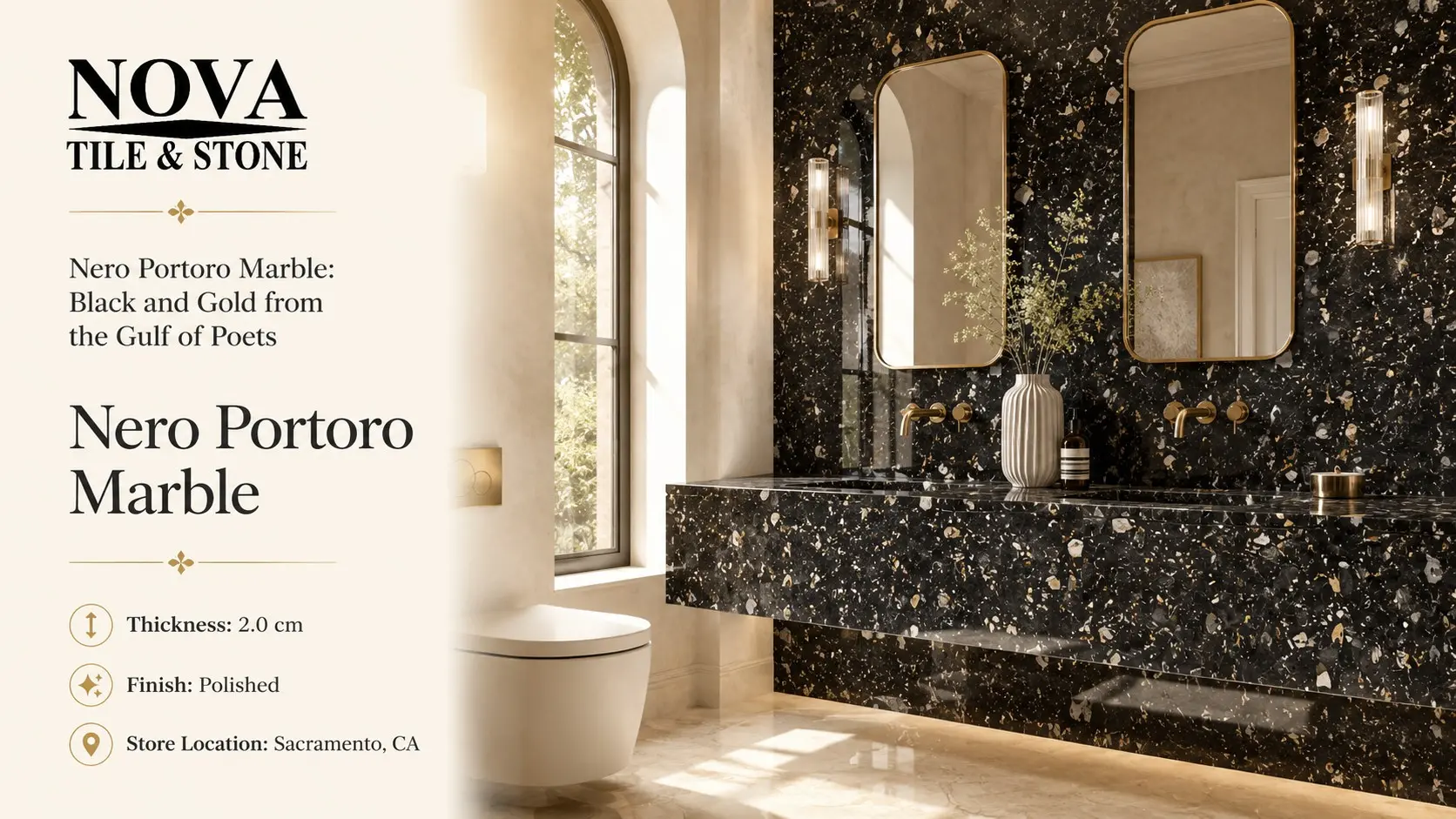 Luxury bathroom featuring black Nero Portoro Marble 2.0cm polished finish on full-height vanity wall