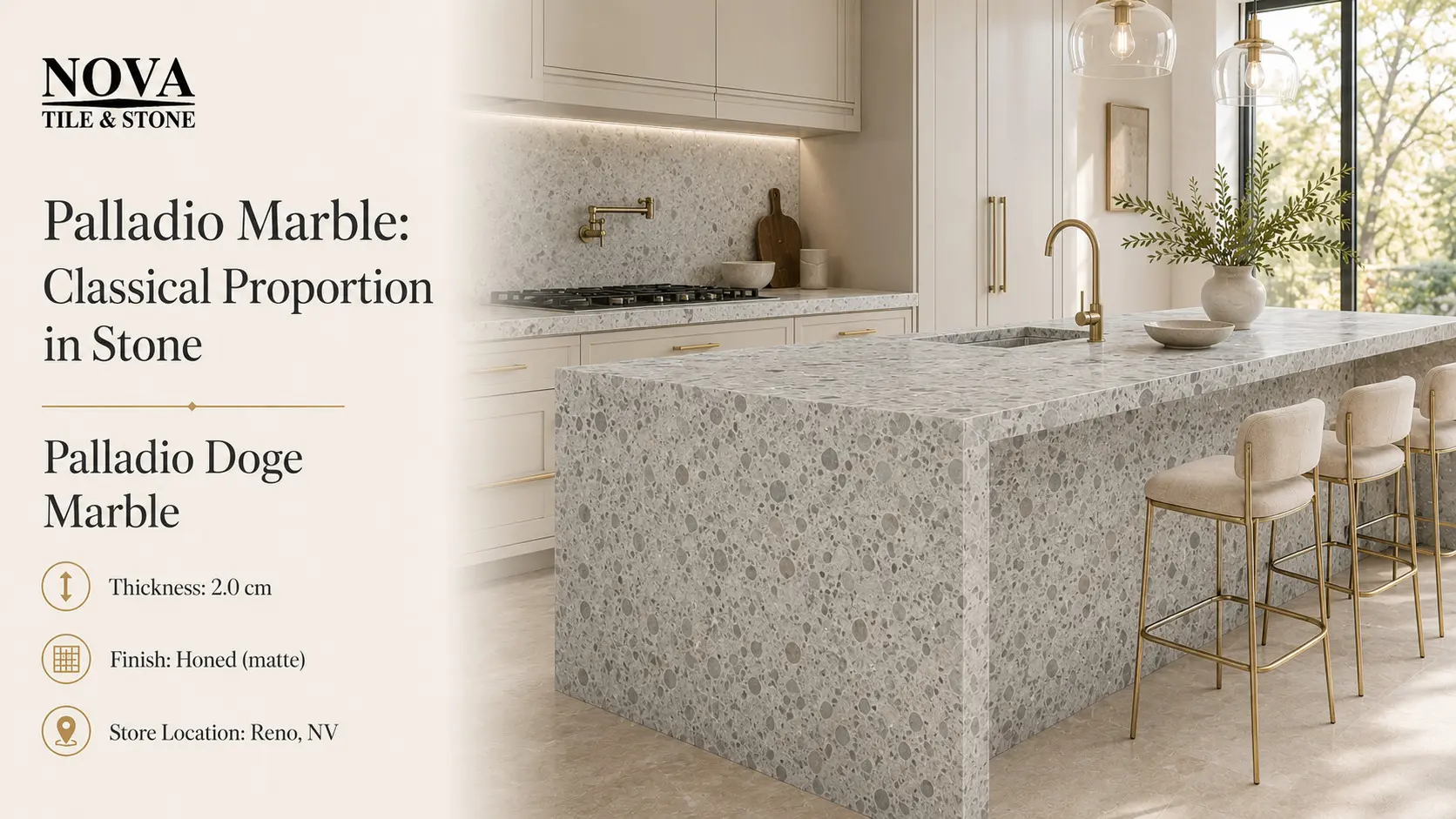Conceptual rendering of Palladio Doge Marble honed island with gray speckled finish and brass bar stools