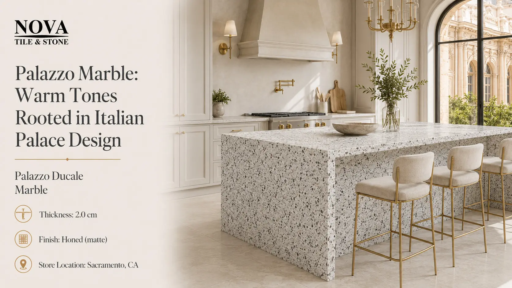 Conceptual rendering of Palazzo Ducale Marble honed waterfall island with warm beige and gray speckled finish