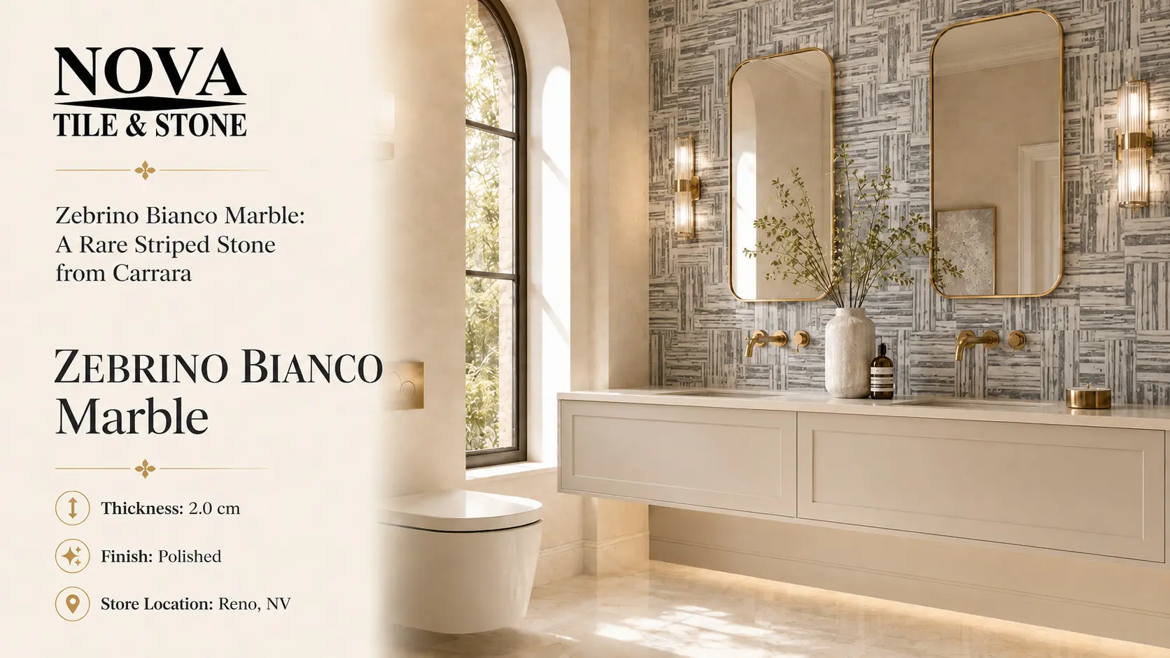 Conceptual rendering of Zebrino Bianco Marble polished wall with distinctive gray striping and brass fixtures